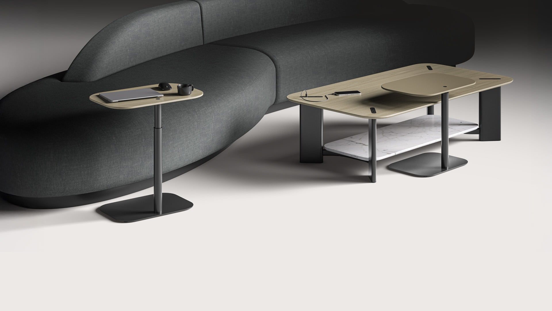 elegant dark sofa with two tables