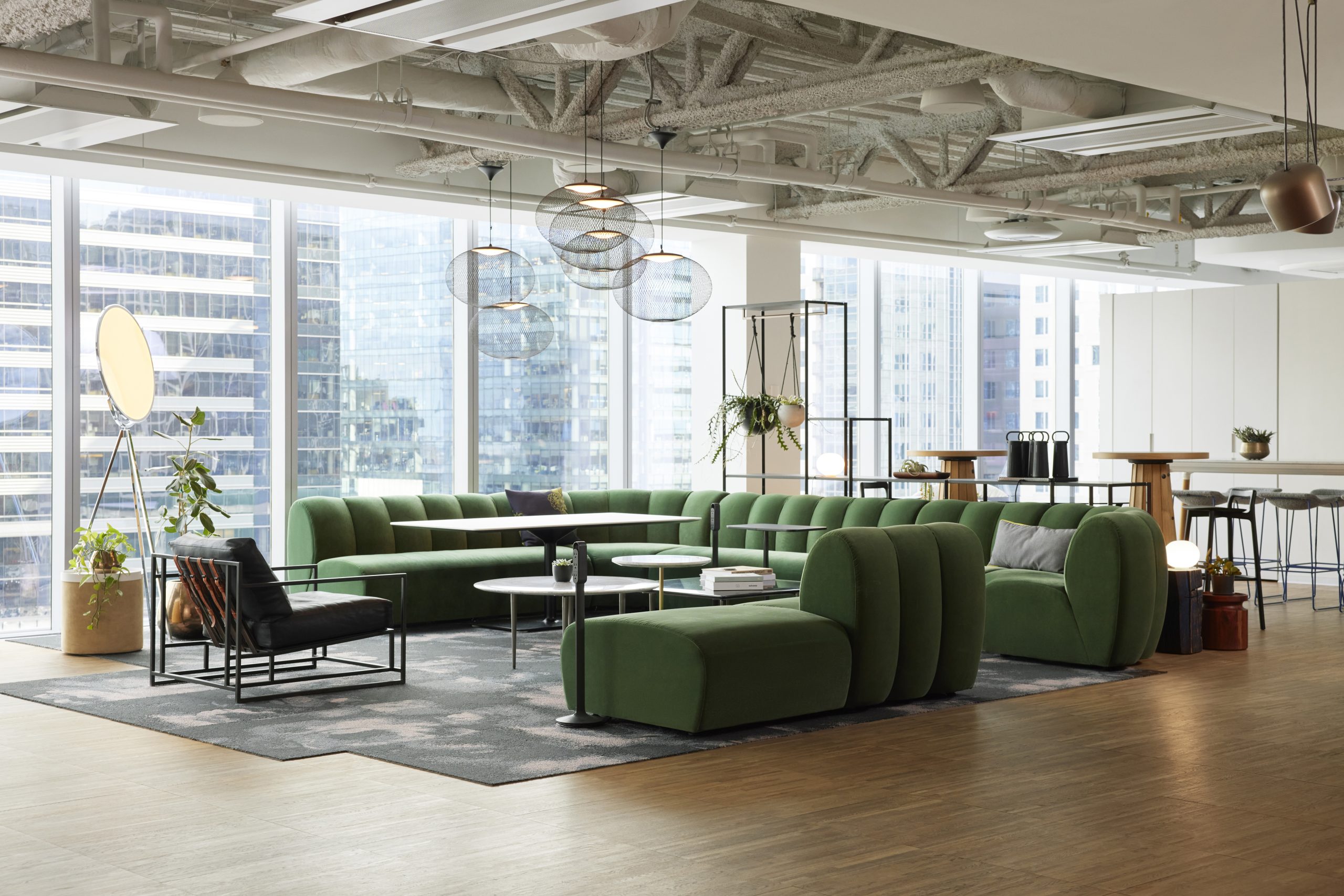 lounge with a big green sofa